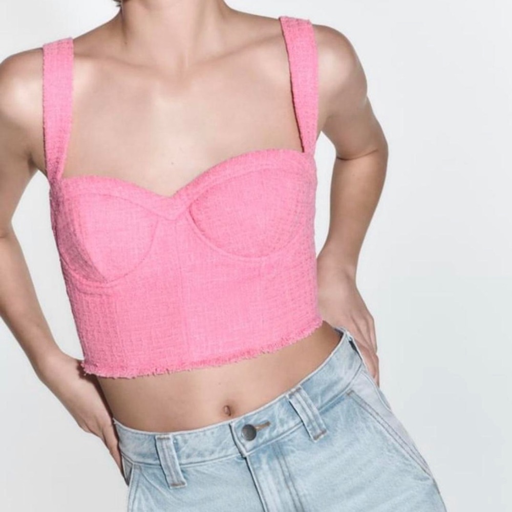 Zara tweed textured Pink Bustier Top
